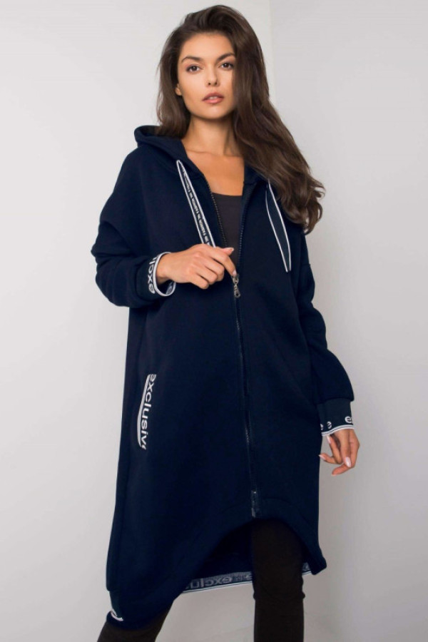 Dresowy płaszczyk bluza damska w kolorze granatowym z kapturem narzutka zamek taśmy