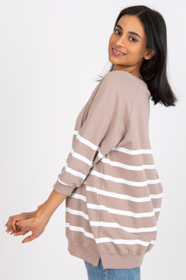 Bluza damska w kolorze beżowym basic rękaw 3/4 paski fixi