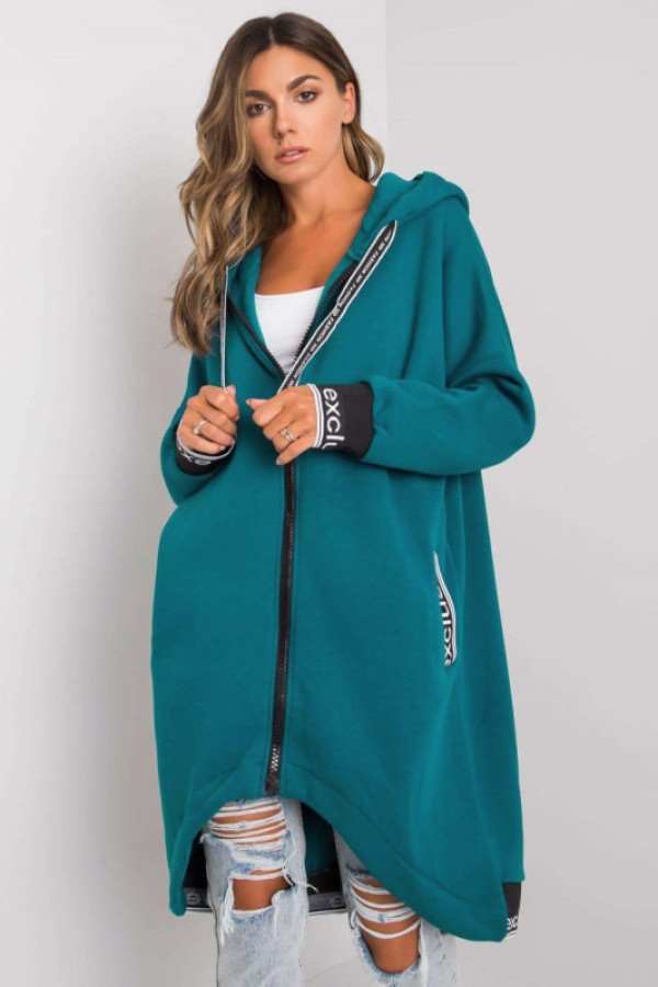 Dresowy płaszczyk bluza damska w kolorze morskim z kapturem narzutka zamek taśmy