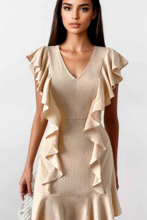 Sofija - sukienka z krótkim rękawem i falbanką - beż