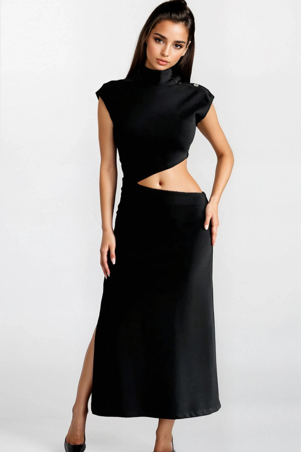 Ozi - sukienka maxi z zabudowanym dekoldem, ozdobnymi guzikami i wycięciem - czarna