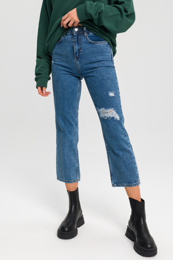 Jeansy damskie 0138 z szeroką, skróconą nogawką i przetarciem