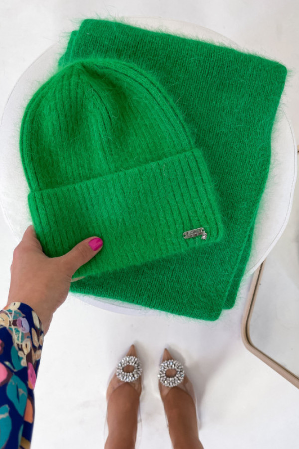 Komplet czapka+ szalik angora zielony