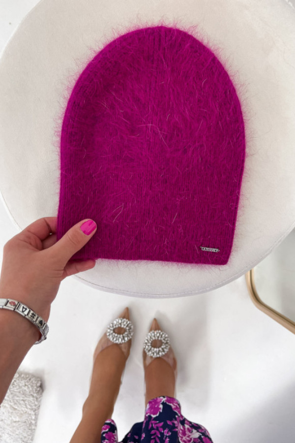 Czapka dopasowana star angora malina