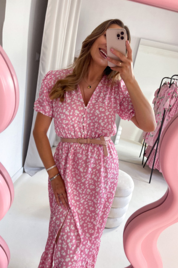 Naria midi krótki rękaw pudrowa w kwiaty