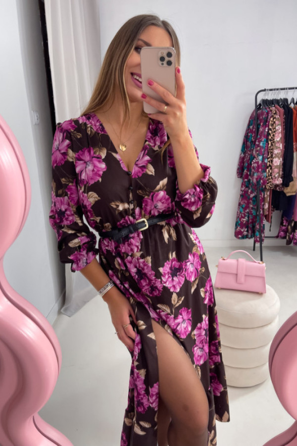 Naria midi długi rękaw czekoladowa w kwiaty