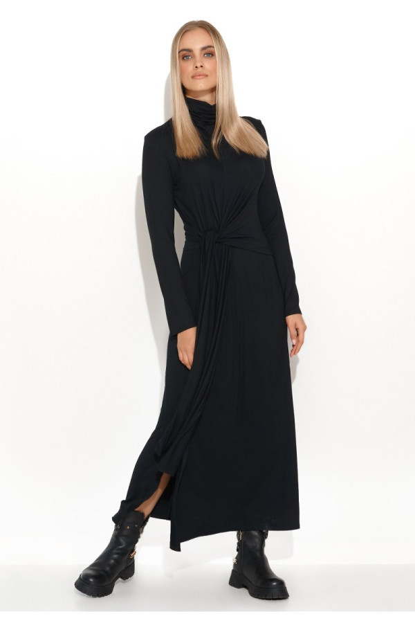 Sukienka wiskozowa z marszczonym golfem i wiązaniem czarna m676