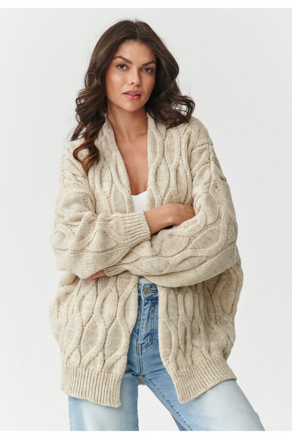 Kardigan damski o grubym splocie beżowy melanż s163