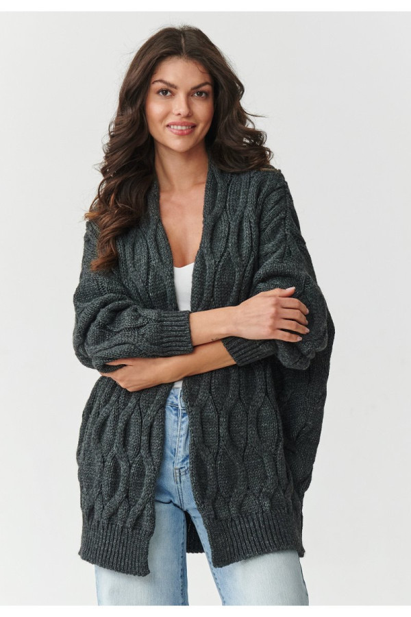 Kardigan damski o grubym splocie grafitowy melanż s163