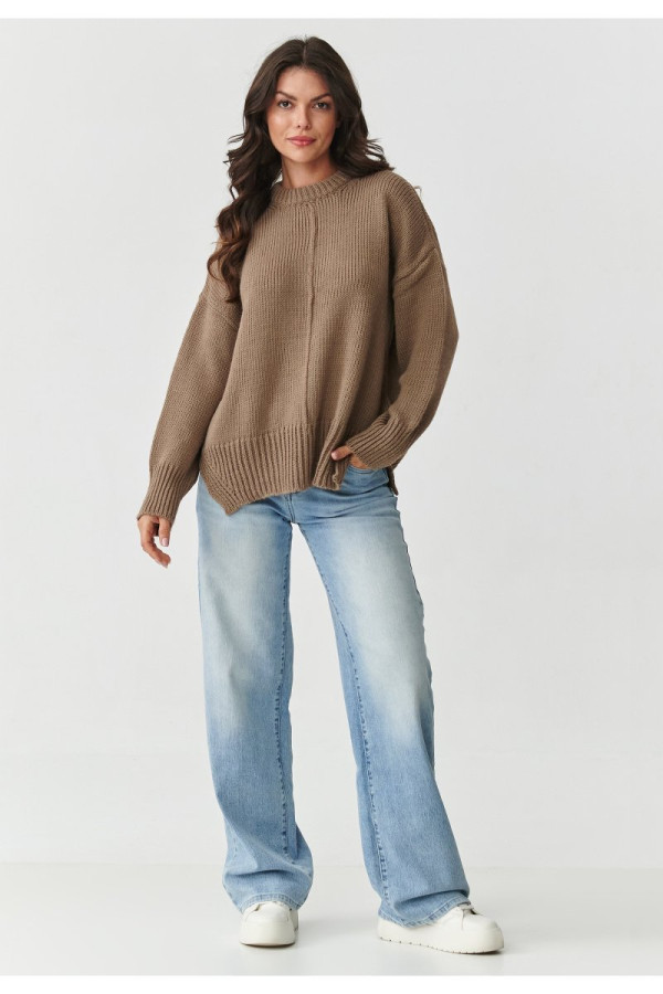 Sweter damski oversize z przeszyciem cappuccino s159