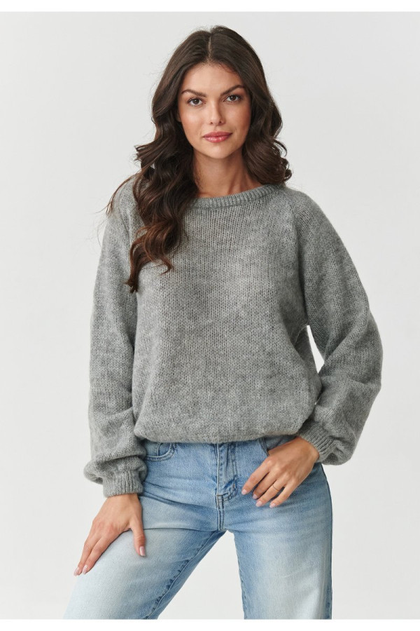 Klasyczny sweter damski z dodatkiem kid moheru i wełny szary melanż s168
