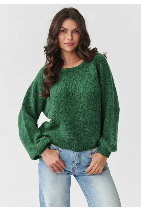 Klasyczny sweter damski z dodatkiem kid moheru i wełny butelkowa zieleń s168