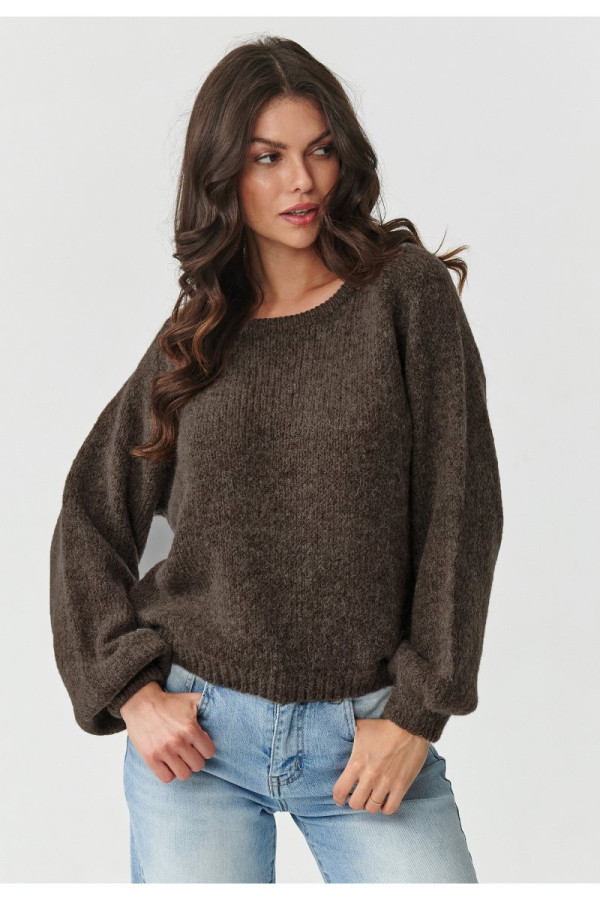 Klasyczny sweter damski z dodatkiem kid moheru i wełny ziemisty brąz s168