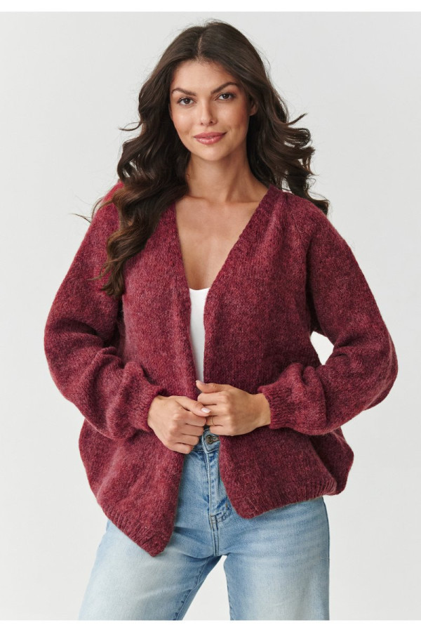 Krótki kardigan damski z bufiastymi rękawami bordowy s170