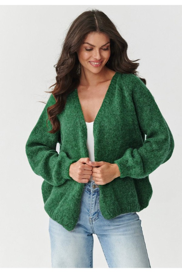 Krótki kardigan damski z bufiastymi rękawami butelkowa zieleń s170