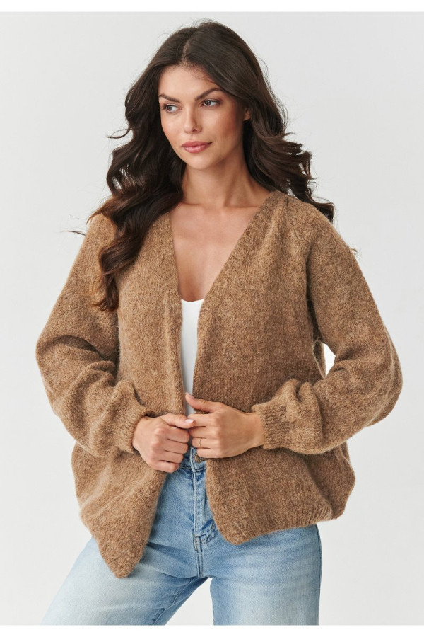 Krótki kardigan damski z bufiastymi rękawami ochra s170