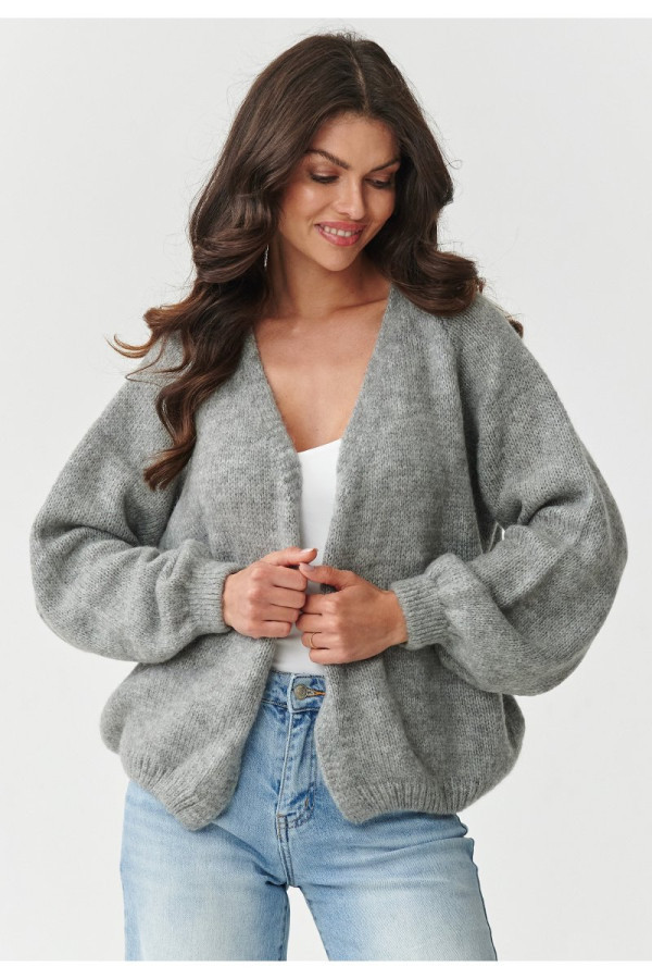 Krótki kardigan damski z bufiastymi rękawami szary melanż s170