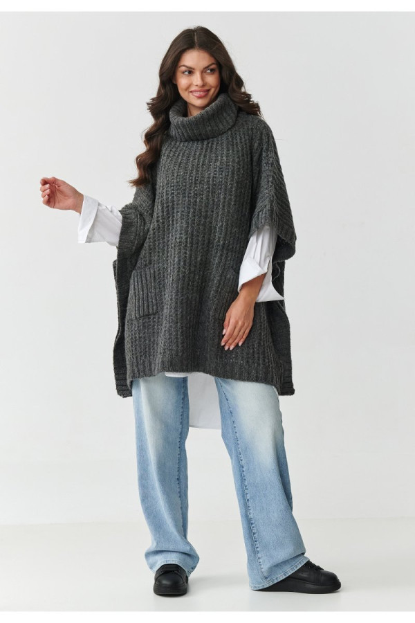 Ponczo sweter damski z golfem i kieszeniami grafitowy melanż s160