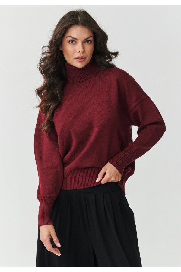 Wiskozowy sweter damski z golfem bordowy s165