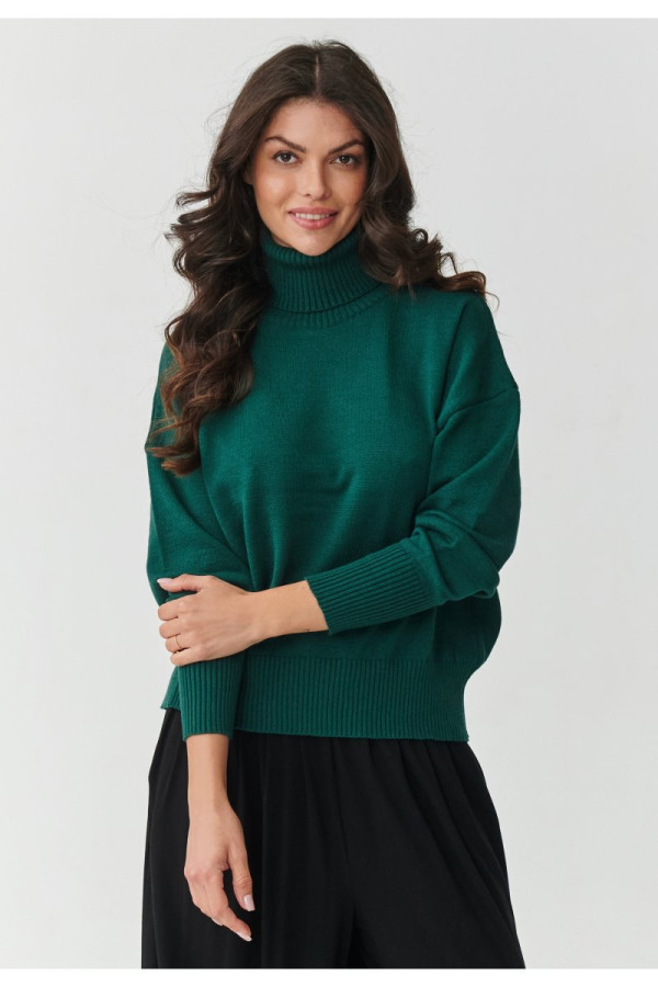 Wiskozowy sweter damski z golfem butelkowa zieleń s165