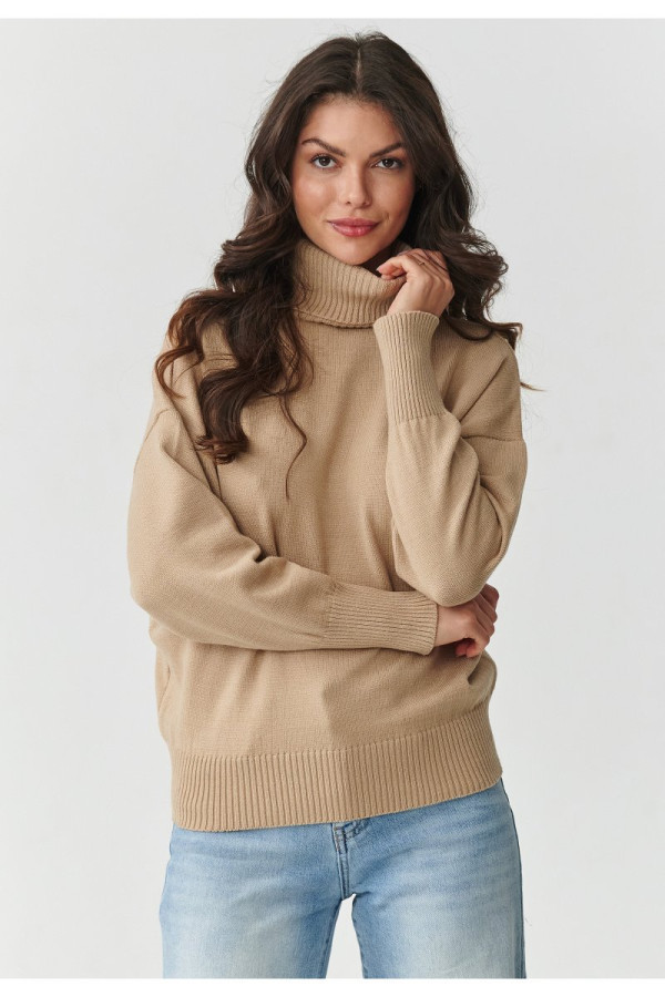 Wiskozowy sweter damski z golfem piaskowy s165