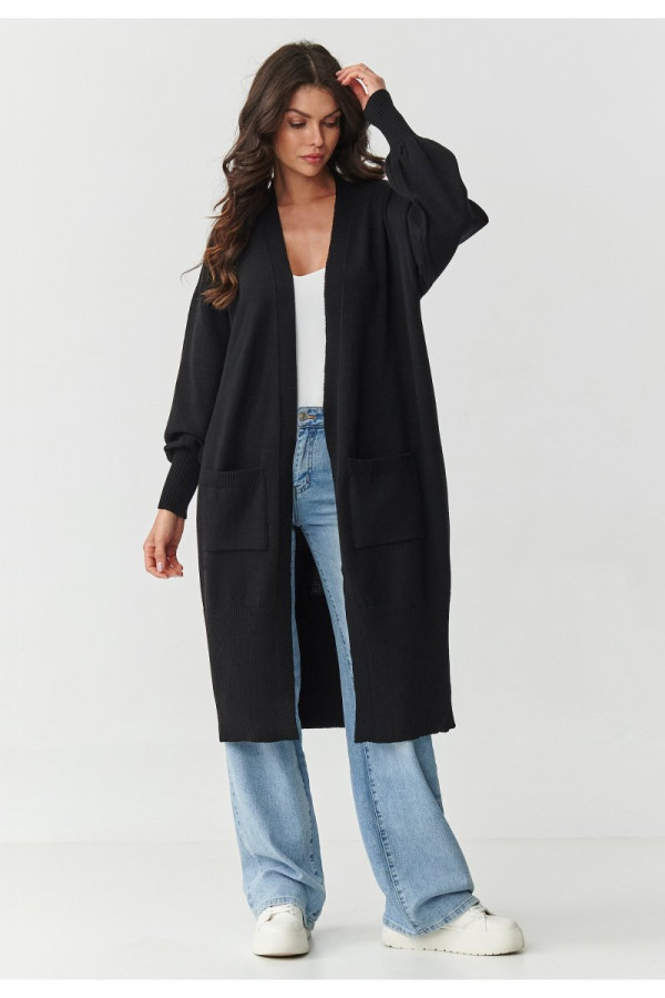 Długi kardigan damski z kieszeniami czarny s167