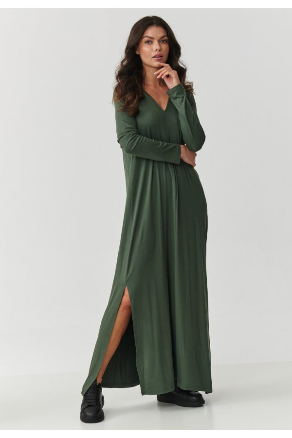 Wiskozowa sukienka maxi z rozcięciami khaki m895