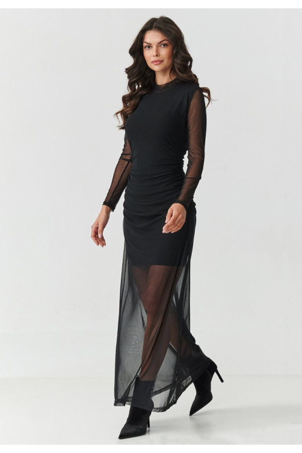 Długa sukienka z tiulowym wykończeniem czarna m914