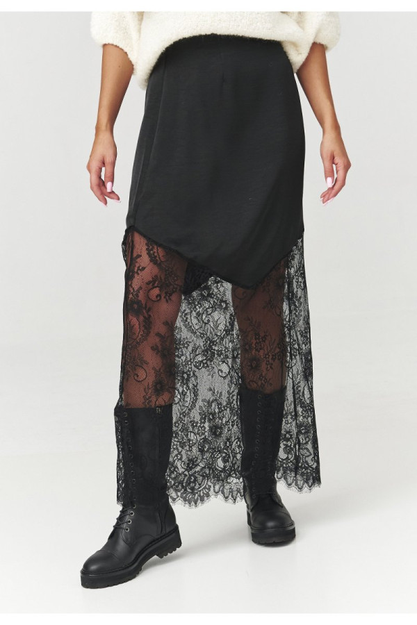 Długa spódnica z koronką czarna c7