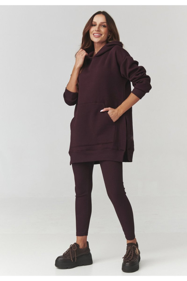 Komplet damski – długa bluza z kapturem i legginsy bakłażan a12