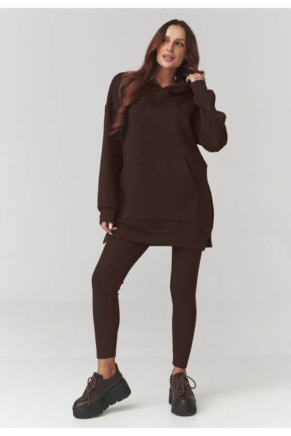 Komplet damski – długa bluza z kapturem i legginsy czekoladowy a12