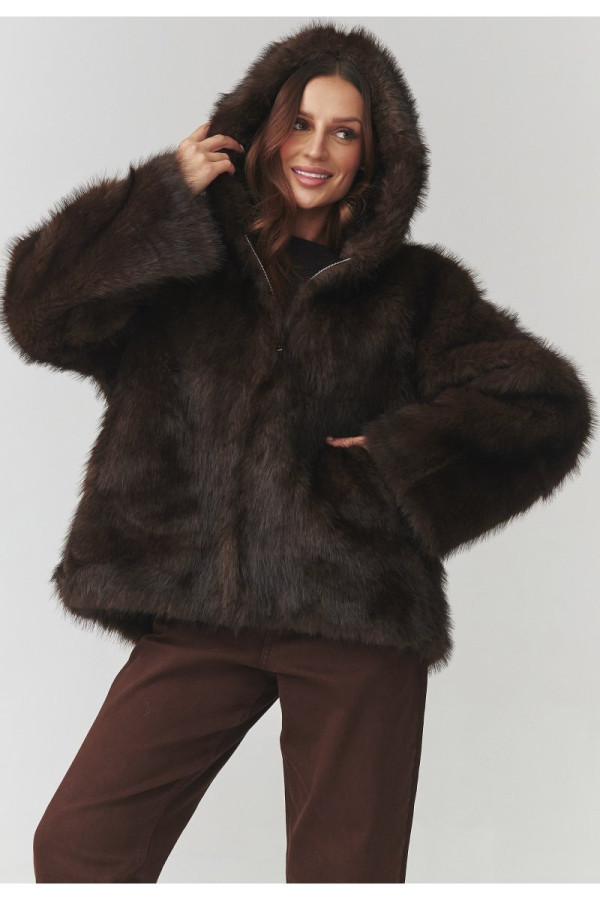 Damskie futerko z kapturem brązowe c29