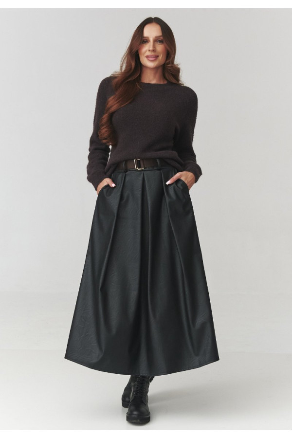 Spódnica z ekoskóry midi z paskiem czarna c16