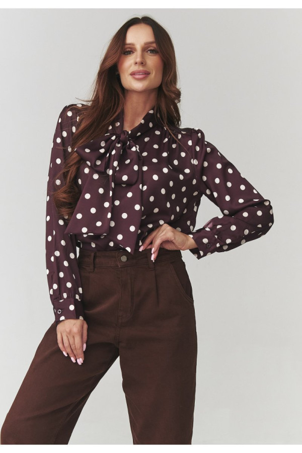 Damska koszula w grochy z efektowną kokardą oberżyna c17