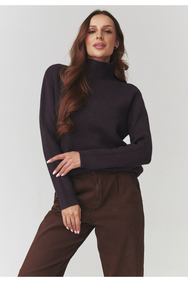 Stylowy sweter damski z golfem oberżyna c20