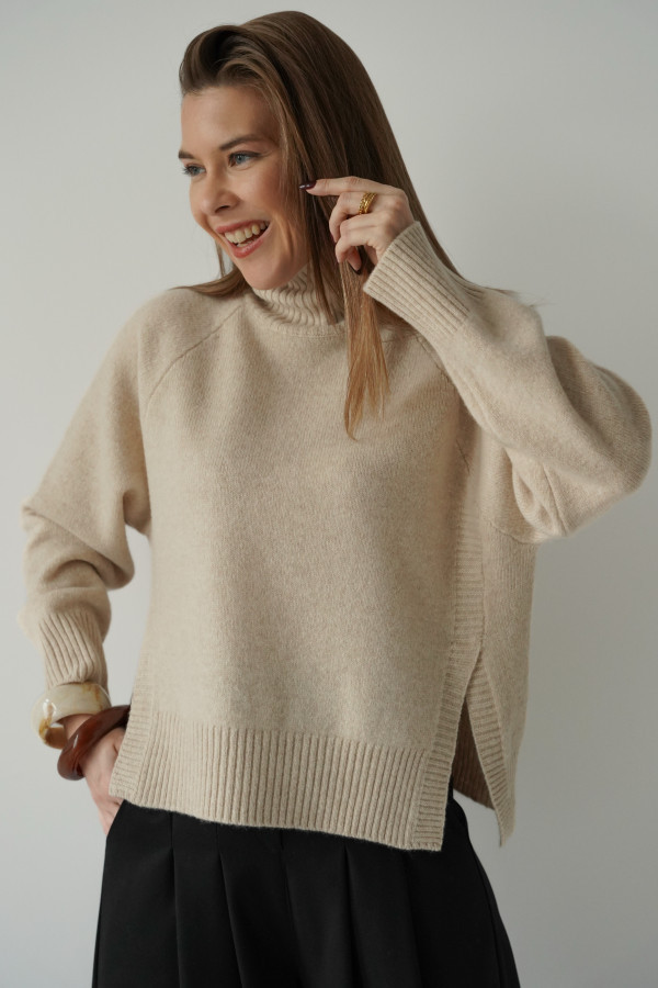 Golf z rozcięciami wełna merino i wełna dziewicza melor beżowy