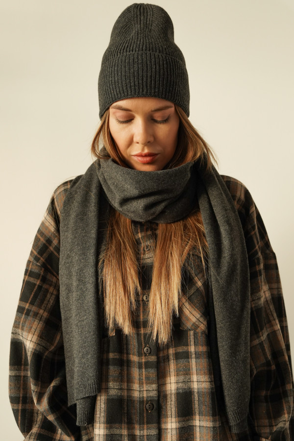 Komplet czapka i szalik z kaszmirem i wełną merino pure warm ciemnoszary
