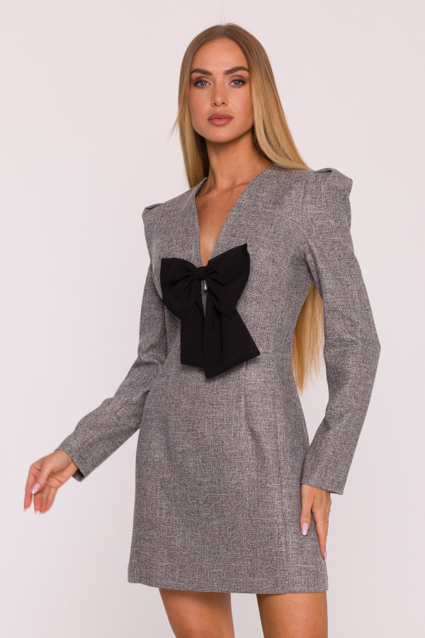 Sukienka mini z długim rękawem i szyfonową kokardką - grafitowa