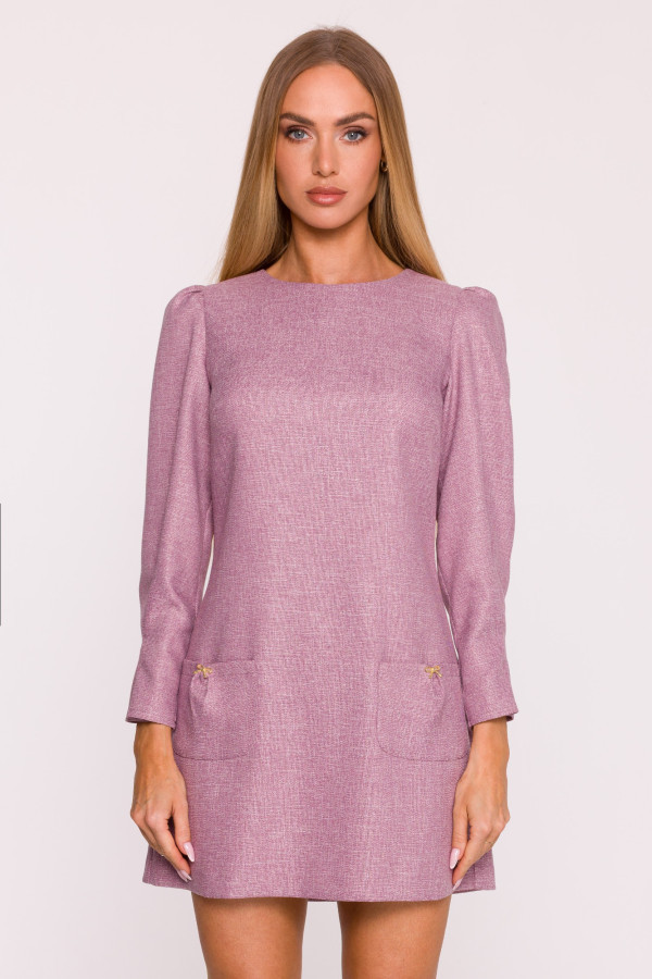 Sukienka trapezowa mini z długimi rękawami - marsala