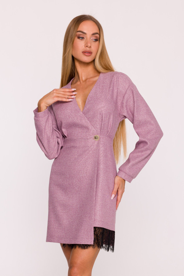 Sukienka tweedowa mini z koronkową wstawką - marsala