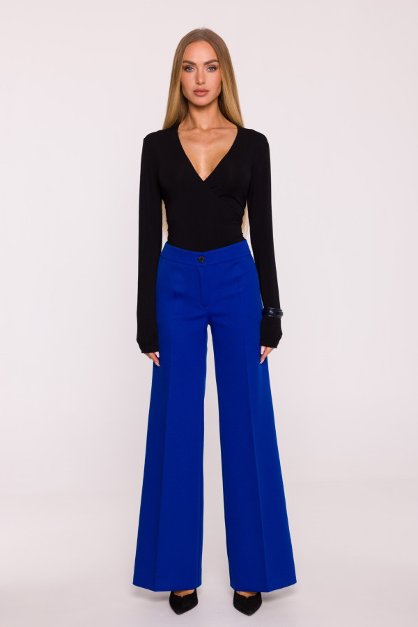 Spodnie damskie z szerokimi nogawkami i kieszeniami - chabrowe