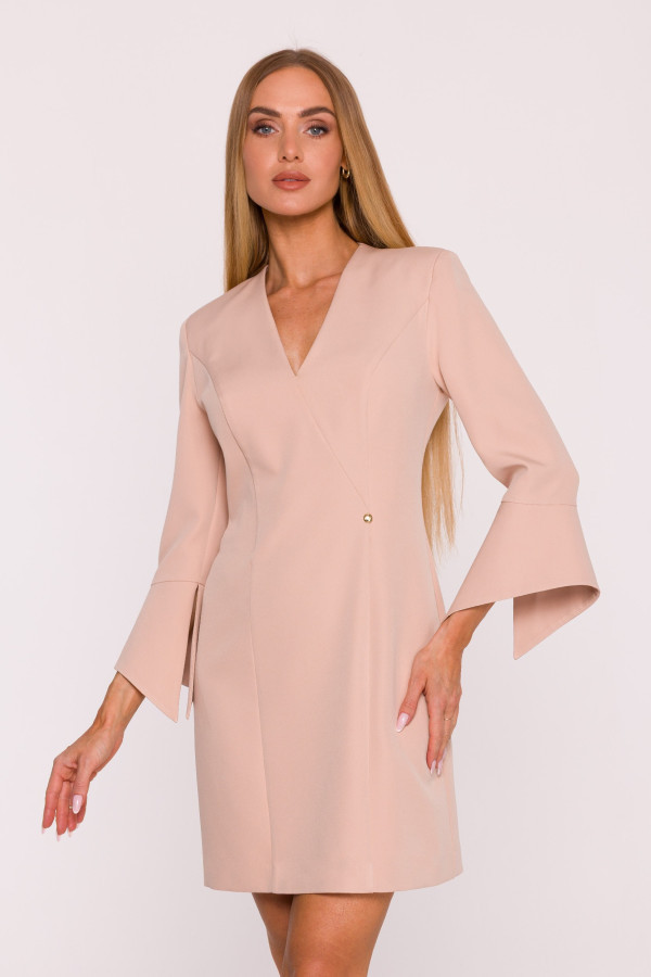 Sukienka mini z szerokimi mankietami i dekoltem v - beżowa