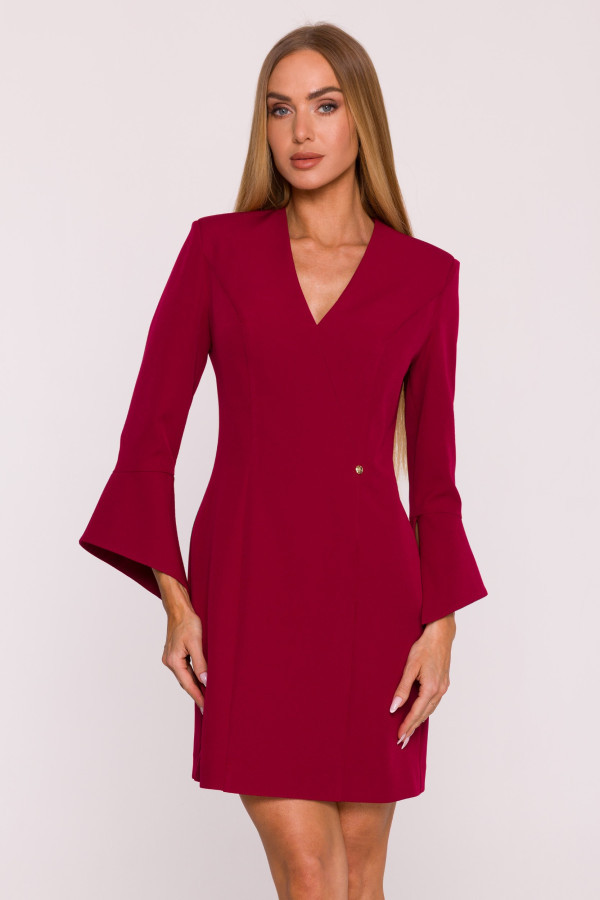 Sukienka mini z szerokimi mankietami i dekoltem v - bordowa