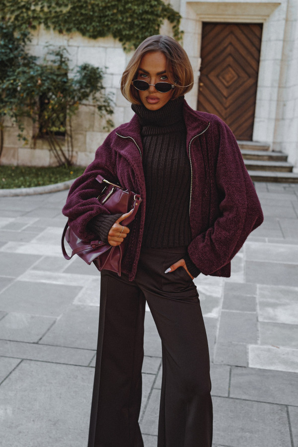 Krótka kurtka z dzianiny płaszczowej - bordowa