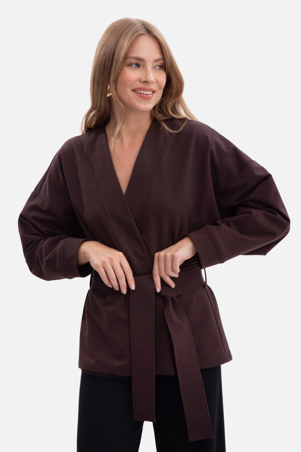 Luźna narzutka blezerowa z paskiem w talii - gorzka czekolada