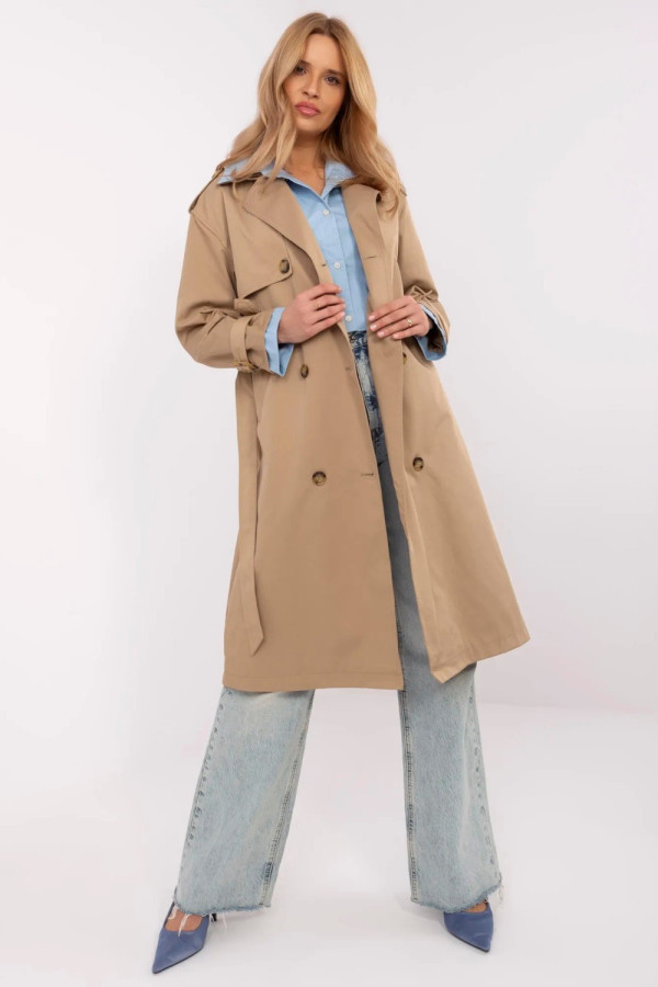 Płaszcz typu trencz z wiązanym paskiem - ciemnobeżowy