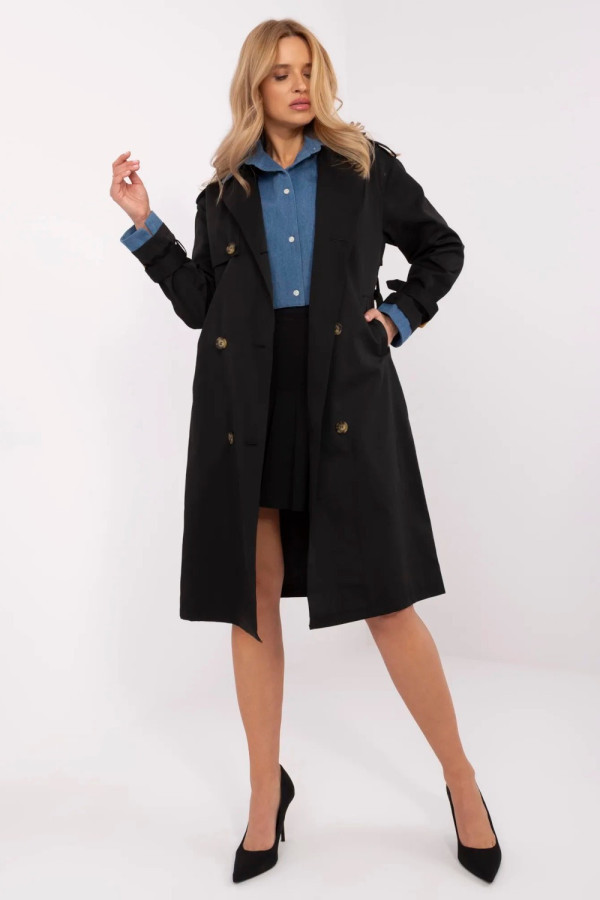 Płaszcz typu trencz z wiązanym paskiem - czarny