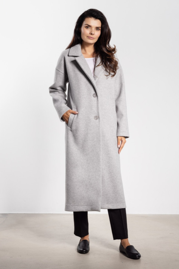 Długi płaszcz o prostym kroju z paskiem - szary