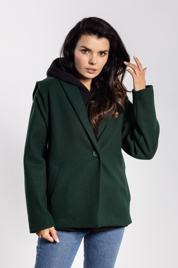 Kurtka damska z flauszu zapinana na guzik - butelkowa zieleń