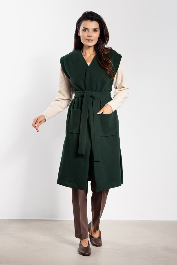 Długa kamizelka flauszowa z paskiem i kieszeniami - butelkowa zieleń